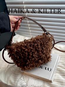 1pc Fashionable Small Bucket Plush Fabric Handbag, Suitable For Commuting, Shopping, Etc. - Coffee - View 11