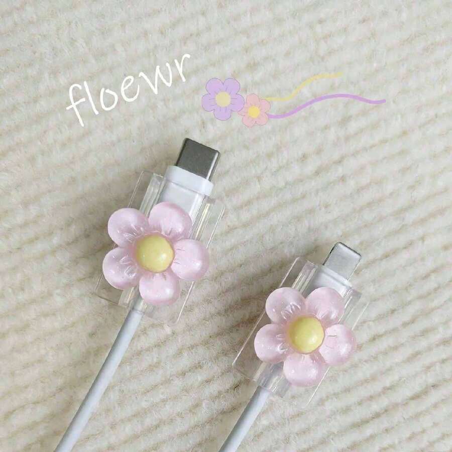 2pcs Transparent Flower Shaped Charging Head Protective Cover Cable Protector, Charger Protector