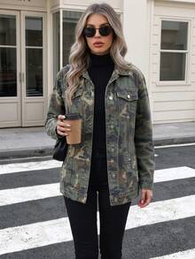 Women's Casual Long Sleeve Jacket With Button Camouflage Print And Pockets - Camouflage Color - View 3