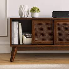 Mid-Century Modern Rattan TV Stand For 59-Inch And 65-Inch TVs, Entertainment Center, Media Console For Living Room And Media Room, Solid Wood Legs And Rattan Doors - Dark Walnut - Dark Walnut - View 10