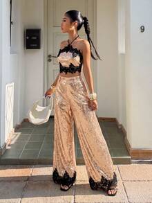 Women's Champagne Sequin 2-Piece Set Halter Neck Lace Trim Cropped Top + Wide Leg Pants, Suitable For Cocktail Party Summer Evening - Champagne - View 1