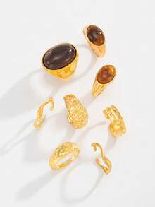 8pcs/Set Fashion Punk Liquid Geometric Metal Rings, Inlaid With Brown Gemstones, Adjustable Knuckle Rings, Men's Style, Small Size - Yellow Gold - View 3