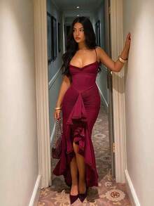 Fashionable Elegant Sexy Fitted Dress With Ruffle Trim And Asymmetric Mesh Design, Ideal Graduation Gown; Wedding Party Fall - Burgundy - View 1