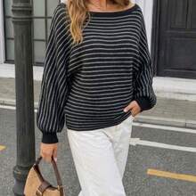 Women's Plus Size Striped Off-Shoulder Long Sleeve Sweater, Suitable For Office Wear, 2026 Newest Plus Size Pullover - Grey - View 10