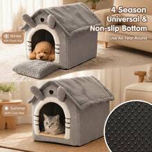 Rumah Hewan Peliharaan Berbentuk Vila Kartun Abu-abu, Sarang Hangat Tertutup yang Dapat Dilepas dan Dicuci, Tempat Tidur Gua Universal Empat Musim untuk Anjing dan Kucing Kecil - Grey - View 12