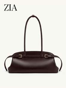 Women's Fashion Belt Buckle Large Capacity Vintage Solid Color Baguette Boston Bag - Coffee - View 6