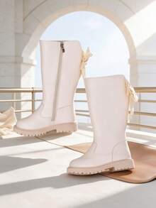 1 Pair Beige Girls' Tall Riding Boots, Soft PU + Pearl Bow Decor, Round Toe Soft Sole Inner Zipper Design, Fashionable Cute Princess Style Long Boots, Suitable For Daily, Holiday, Campus, Autumn/Winter New - Beige - View 7