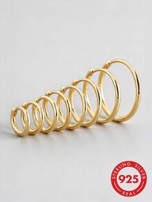 HuooNew 1 par Pendientes de aro simple & de moda S925 plata esterlina adecuado para de mujeres uso diario - Amarillo Oro - Ver 1