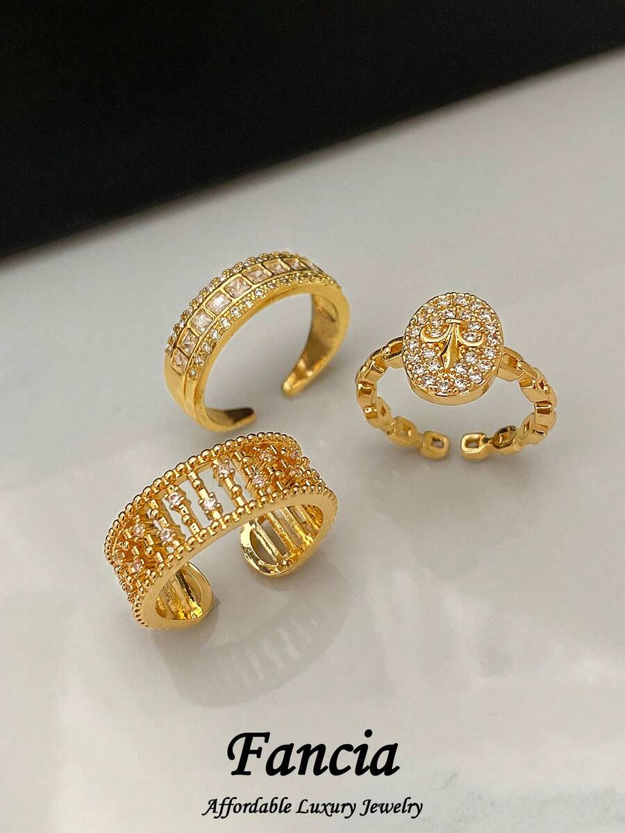 Set Cincin Tembaga Terbuka Rantai Berongga Zirkonia Kubik Modis 3 Buah, Cocok untuk Pakaian Pesta dan Jamuan Wanita - Yellow Gold - View 1