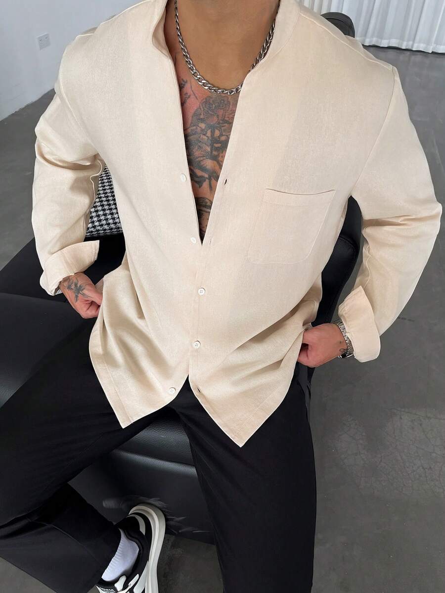 GloMan Old Money Style Men's Apricot Linen Long Sleeve Button Shirt, Notched V-Collar With Chest Pocket, Casual For Fall Commute Vacation Holiday - Apricot - View 1
