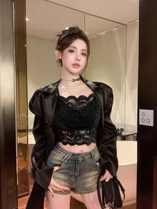 夏季開學季可愛性感極簡蕾絲吊帶背心，附胸墊，純色女款內衣背心，適合冬季聖誕節、春節、新年穿搭疊穿與打底 - 黑色 - 查看 7