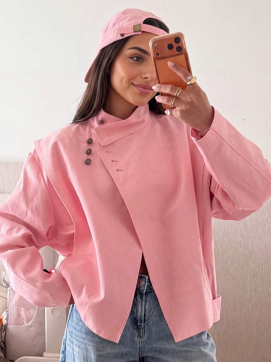 Women's Asymmetric Collar Oversized Short Jacket, Decorative Buttons, Dropped Shoulder Loose Fit, Solid Pink Autumn Streetwear Coat - Pink - View 1