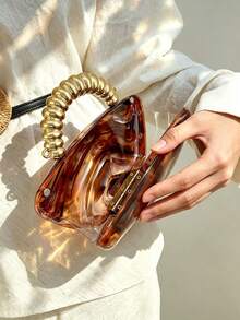 Light Luxury Gold Bead Handle Acrylic Hard Shell Bridal Evening Bag,Marble Pattern Asymmetrical Clutch,Fashion Handbag For Wedding Ceremony,Party - Coffee - View 8