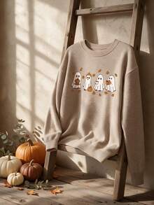Plus Size Women Cute Ghost Pumpkin Maple Leaf Print Long Sleeve Faux Sweater, Women Halloween Costume, Women Autumn Outfit, Suitable For Halloween Street Daily Party - Camel - View 7