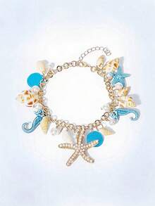 Y2Kool 1pc Bohemian Style Alloy & Pearl Decor Starfish Bracelet For Women, Summer Beach - Royal Blue - View 1