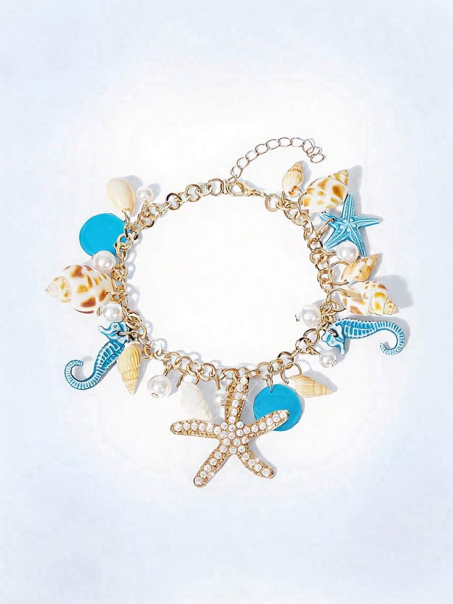 Y2Kool 1pc Bohemian Style Alloy & Pearl Decor Starfish Bracelet For Women, Summer Beach - Royal Blue - View 1