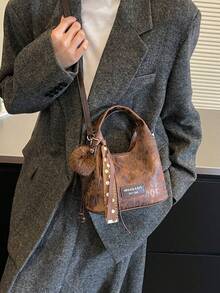 Women Mini Bucket Crossbody Bag,Leopard Print,Vintage Faux Leather,Detachable Strap,Retro Chic Style,For Autumn Winter Daily Wear(Not Include Pendant) - Multicolor - View 7