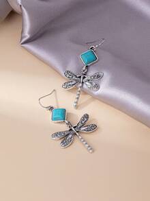 European & American Western Vintage Distressed Silver Dragonfly Earrings With Square Faux Turquoise Pendant, Long Ear Hooks For Women - Multicolor - View 5