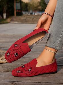 Women Spider Pattern Knit Slip On Flat Shoes, Square Toe Casual Breathable Flats For Daily Commute - Red - View 6