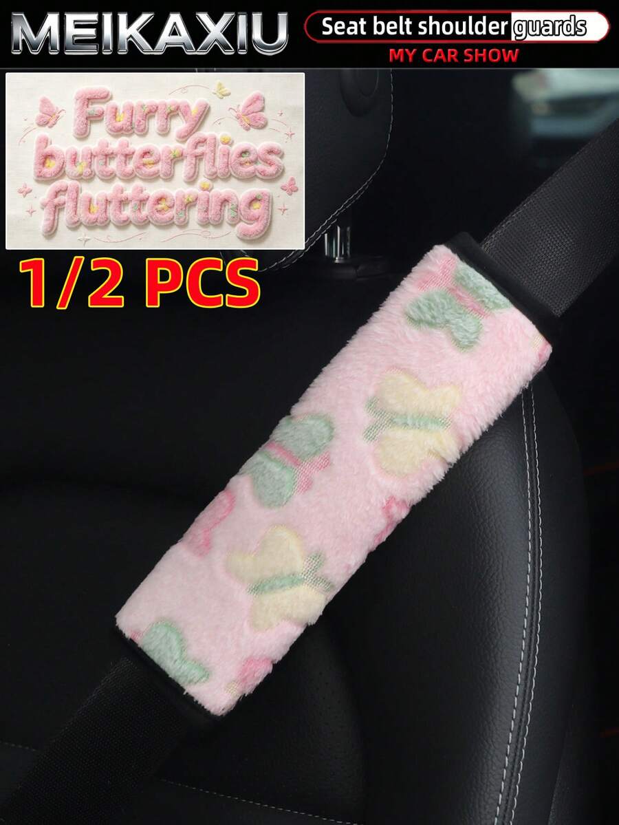 MEIKAXIU 1 Or 2pcs Winter Plush Rabbit Fur Butterfly Car Shoulder Strap Cover Seat Belt Decoration Car Interior Accessories For Women - Plush Butterfly Style - View 1