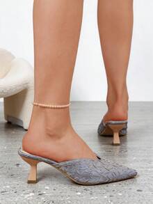 Women's Grey Ruched Texture Pointed Toe Kitten Heel Sandals, Slip On, Elegant New Summer Design Style - Grey - View 5