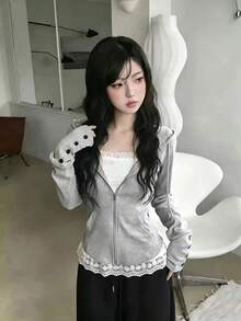 Áo khoác hoodie kéo khóa tay dài len dệt màu xám cho nữ, có dây rút và chi tiết cúc, độ co giãn cao, dáng vừa, áo thu - Xám - Xem 5