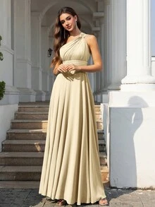 Volly Toych Champagne Elegant Chiffon Bridesmaid Long Dress, Asymmetrical Bow & Drape Design, Suitable For Formal Occasions And Weddings - Champagne - View 4