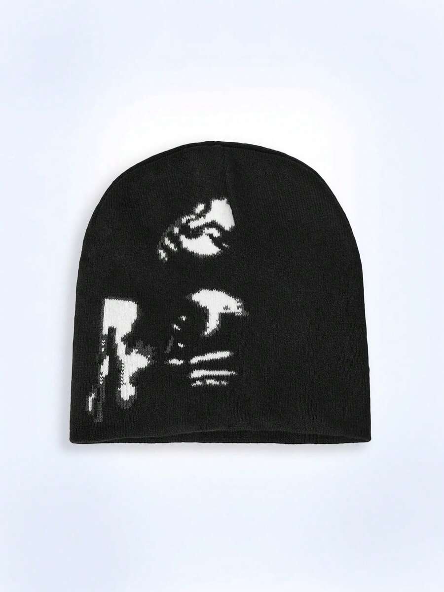 Y2Kool 2pcs/1pc Men's Geometric Pattern Casual Cute Elegant Street Chic Jacquard Y2K Knit Hat, Everyday Wear - Black and White - View 1