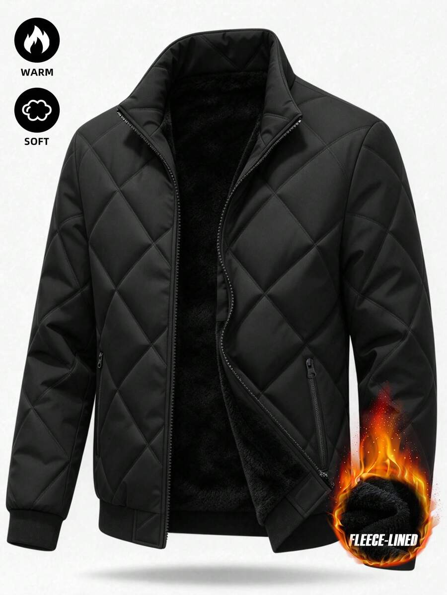 Men's Autumn/Winter Outdoor Warm Cotton Padded Coat, Solid Color Sports Stand Collar Zip-Up Fashion Coat - Black - View 1