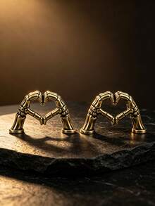 Gothic Skeleton Hand Heart Shape Desktop Ornament, Vintage Gold Art Sculpture, Home Office Desk Decor, Romantic Halloween Decoration Gift - 1PC Skeleton Heart Gesture - View 6