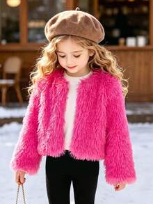 Girls' Casual Fashion Solid Color Round Neck Long Sleeve Fuzzy Jacket Outerwear Top For Autumn/Winter - Hot Pink - View 2