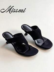 French Style Women's Summer New Leather Toe-Loop Stiletto High Heel Sandals With Back Strap Kitten Heel T-Strap Slides,Flip Flops - Black - View 1