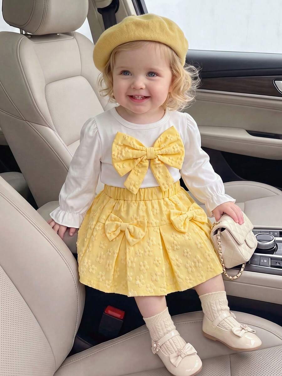 Baby Girl Spring/Autumn Pastoral Style 2-Piece Set, Oversized 3D Jacquard Bow Lantern Puff Long Sleeve Pullover T-Shirt + Double Bow 3D Jacquard Pleated Skirt - Yellow - View 1