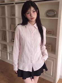 Autumn New Korean Style Square Shoulder Long Sleeve Striped Single-Breasted Shirt, Women's Professional Outfit - Pink - View 3