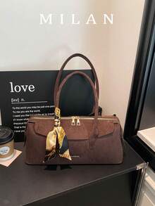 Suede Matte Solid Color Tote Bag, Genuine Leather Commuter Large Capacity Shoulder Handbag Underarm Bag, Autumn/Winter Style - Coffee Brown - View 2