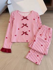 Autumn/Winter Girls Heart Stripe Print Bow Decor Long Sleeve Pajama Set, Ruffle Cuff Top + Long Pants, Soft Sweet Casual Loungewear Sleepwear, Suitable For Tween Girls - Pink - View 4