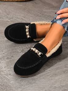 Thermal Lined Closed Toe Slippers, Vintage Stitching Pearl Chain Design, Indoor Outdoor Wear, Slip-On Shoes, Autumn Winter - Black - View 3