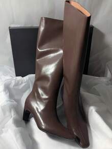 Elegant Pointed Toe Chunky Heel Matte Leather Side Zipper V-Cut Slimming Versatile Women's Tall Boots - Brown - View 5