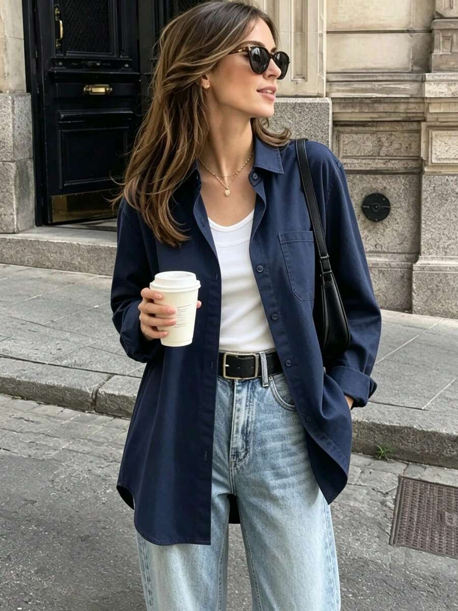 Women's Autumn Solid Color Pocket Front Button-Down Casual Shirt - Navy Blue - View 1