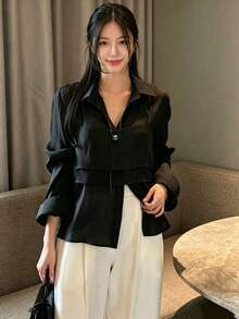 YCYC 法式優雅設計分層兩件式套裝 吊帶背心與襯衫 女款獨特上衣 春季新款穿搭 - 黑色 - 查看 1