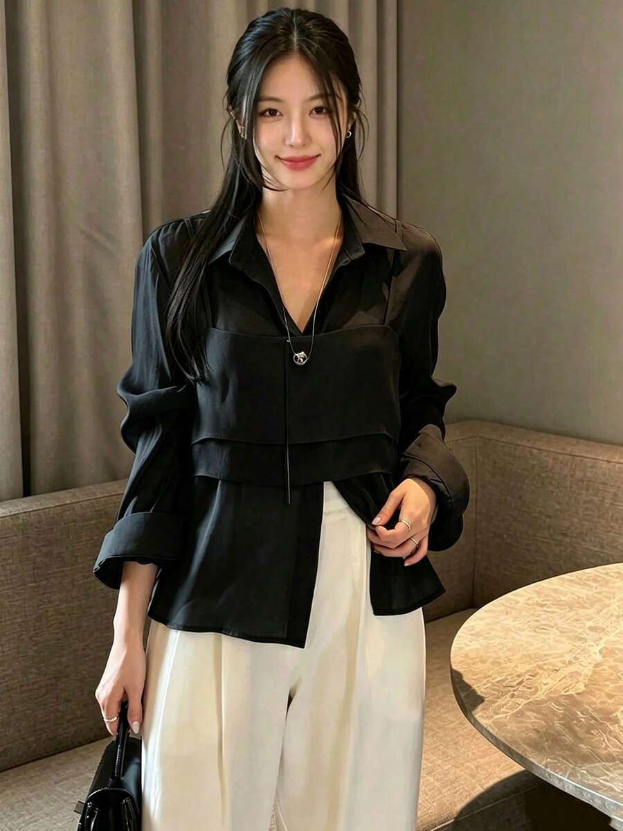 YCYC 法式優雅設計分層兩件式套裝 吊帶背心與襯衫 女款獨特上衣 春季新款穿搭 - 黑色 - 查看 1