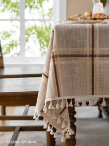 Bubaba Brown Plaid Tassel Tablecloth, Rustic Farmhouse Style Rectangular Tablecloth, Linen Texture Dining Tablecloth, Suitable For Kitchen, Dining Room, Party And Daily Home Decor - Multicolor - View 8