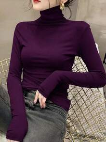 女款高領高領保暖內搭上衣，2024春夏秋冬新款，長袖黑色薄款上衣 - 深紫色 - 查看 4