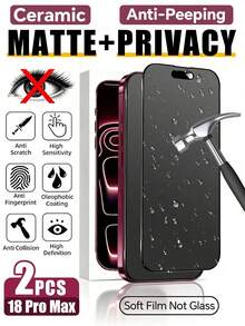 2PCS Ceramic Matte Anti-Spy Screen Protector, Compatible With IPhone 18 Pro Max/18 Pro/18 Duo/17/17Pro/17Air/17Pro Max/16/16Pro/16Pro Max/15/15Pro/15Pro Max/14/14Pro/14Pro Max/13/13Pro/13Pro Max/12/11/XS/8/7, Anti-Scratch, Anti-Shock, Anti-Fingerprint, Easy Installation. - Black - View 1