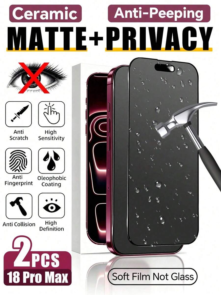 2PCS Ceramic Matte Anti-Spy Screen Protector, Compatible With IPhone 18 Pro Max/18 Pro/18 Duo/17/17Pro/17Air/17Pro Max/16/16Pro/16Pro Max/15/15Pro/15Pro Max/14/14Pro/14Pro Max/13/13Pro/13Pro Max/12/11/XS/8/7, Anti-Scratch, Anti-Shock, Anti-Fingerprint, Easy Installation. - Black - View 1