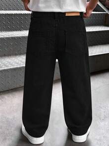 Young Boy Street Style Medium Wash Adjustable Waist Distressed Denim Jeans - Black - View 3