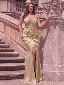 Plus Size Elegant Strapless Sequin Gown Mermaid Satin High Slit Ruched Bodice Fitted Silhouette For Photo Shoot Beach Vacation Resort And Prom - Champagne - View 1