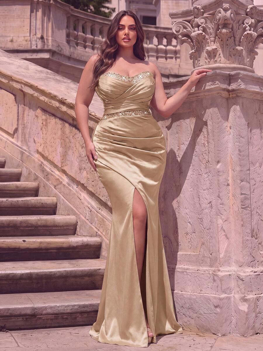 Plus Size Elegant Strapless Sequin Gown Mermaid Satin High Slit Ruched Bodice Fitted Silhouette For Photo Shoot Beach Vacation Resort And Prom - Champagne - View 1