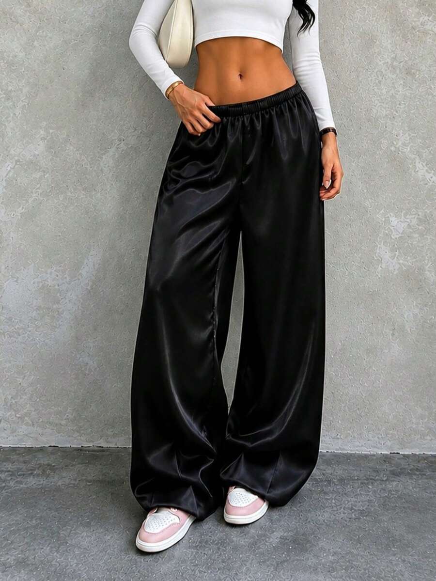 Jotten Glossy Satin Wide Leg Casual Pants, High Waist Draped Loose Floor Length Straight Leg Trousers, Smooth Shiny Slouchy Versatile Solid Color Long Pants 1pc - Black - View 1
