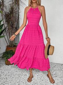 Vestido largo casual de mujer con cintura anudada y dobladillo fruncido, atuendo para vacaciones y playa  vestido para salir  vestido de vac - Azul Marino - Ver 5